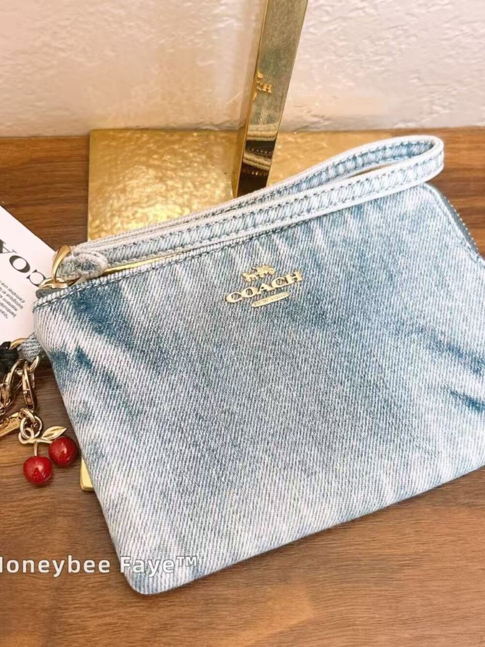 NWT Coach Corner Zip Wristlet In Loved Denim With Charms CEF82